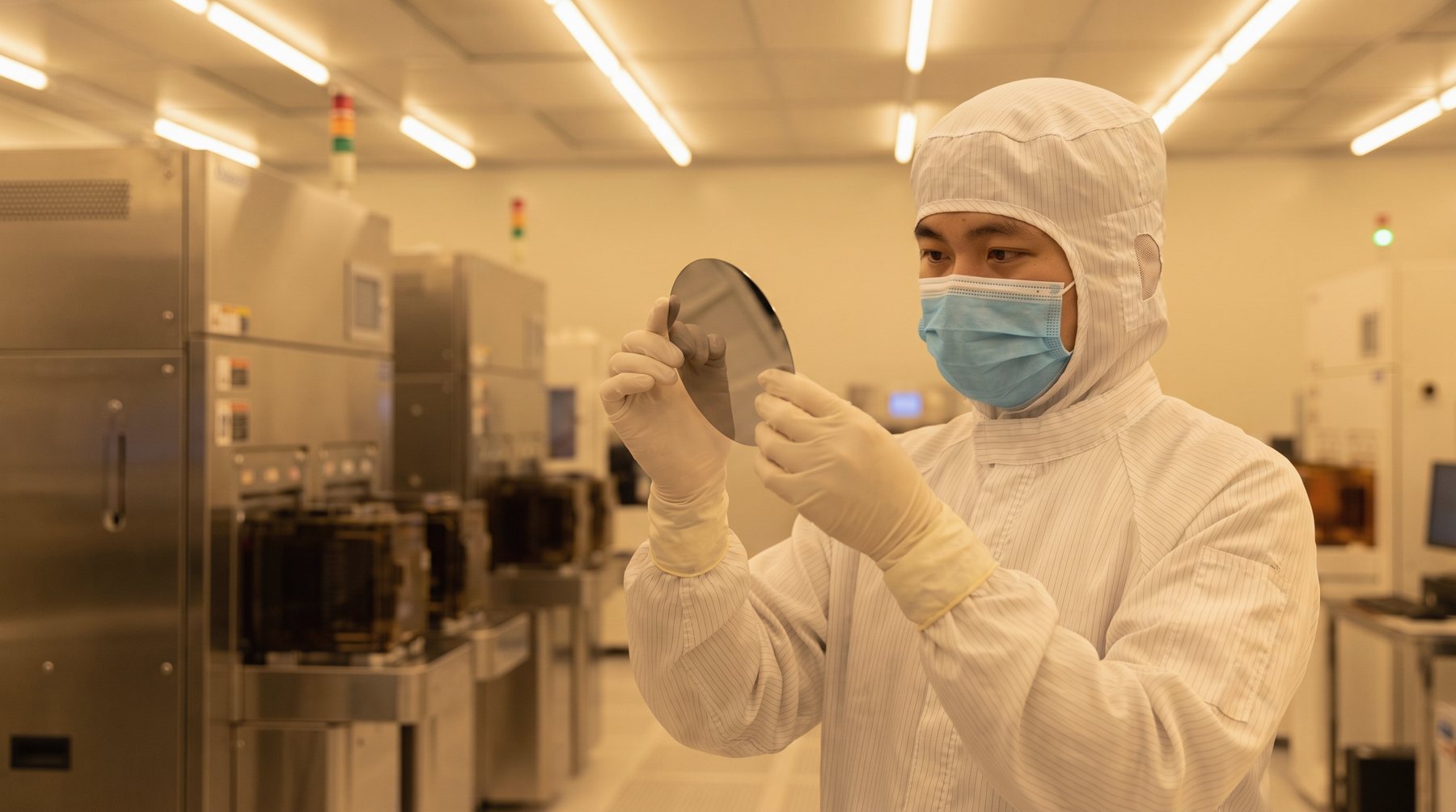 Technician handling a silicon wafer in a semiconductor cleanroom