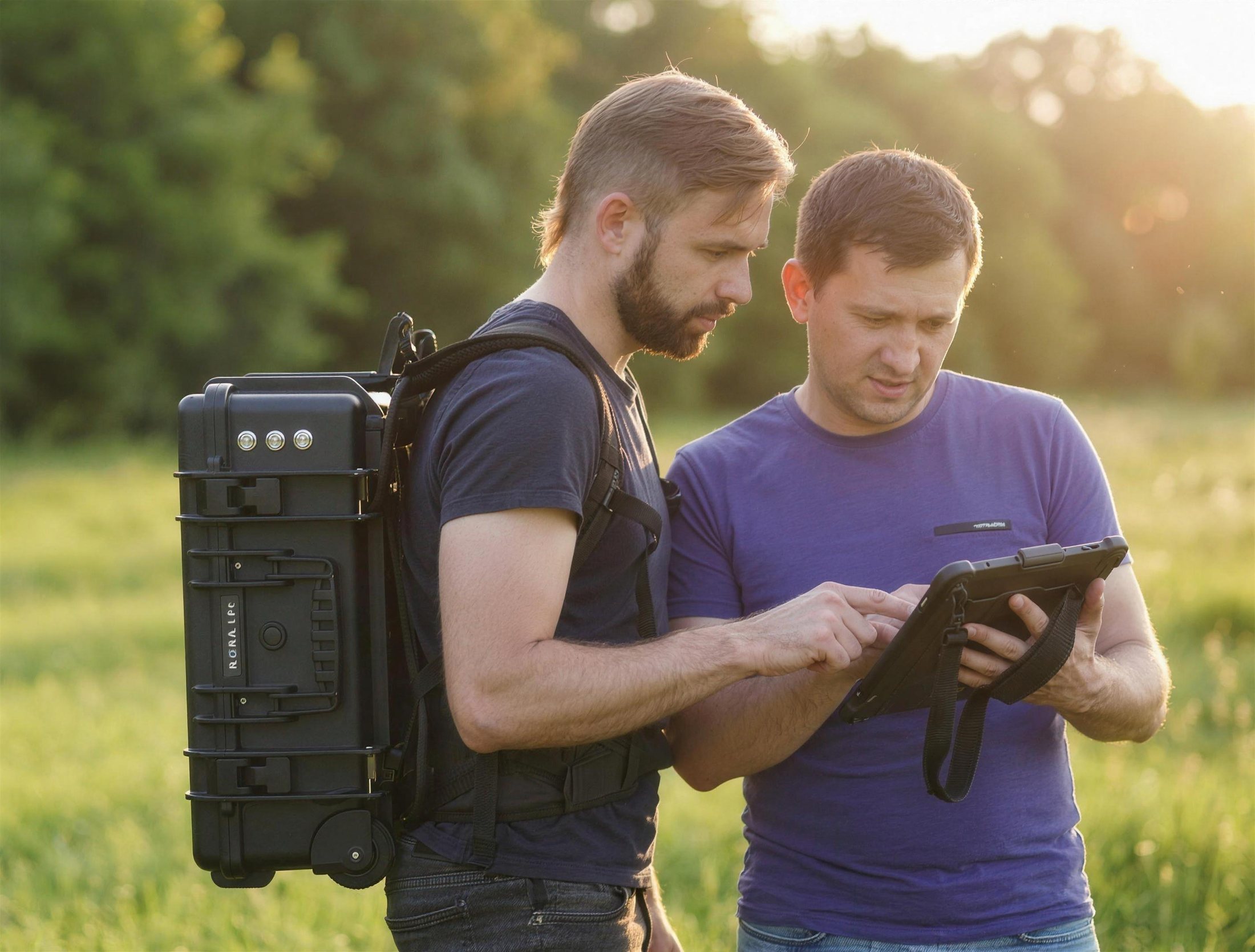 Two field engineers with a backpack radiation detector reviewing measurements on a tablet